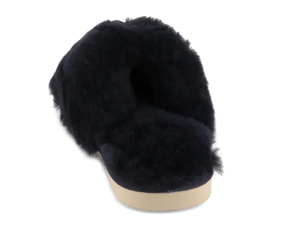 THIES Women's Sheepskin Slippers Fluffy, Navy