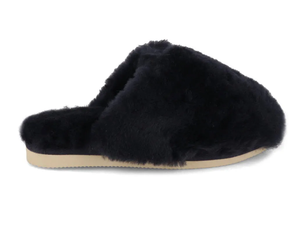 THIES Women's Sheepskin Slippers Fluffy, Navy