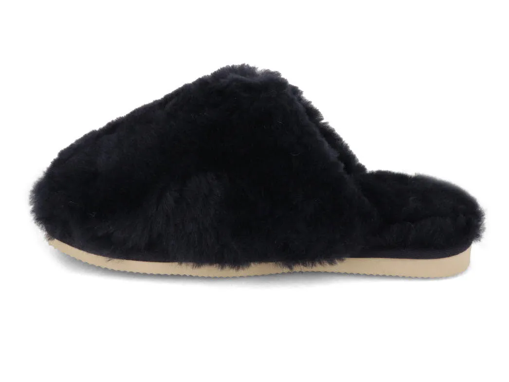 THIES Women's Sheepskin Slippers Fluffy, Navy
