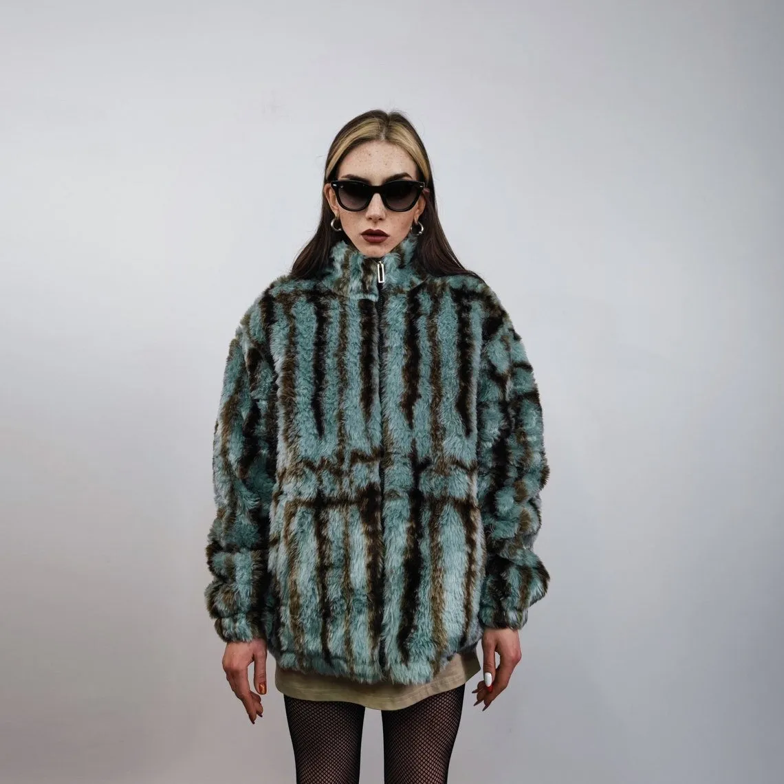 Tie-dye faux fur jacket striped coat grunge fleece imitation bomber short fluffy coat festival overcoat gorpcore sports peacoat green brown