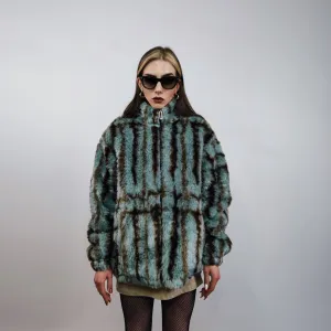 Tie-dye faux fur jacket striped coat grunge fleece imitation bomber short fluffy coat festival overcoat gorpcore sports peacoat green brown