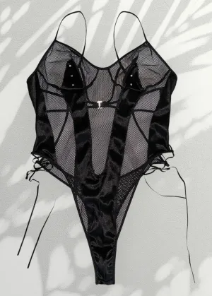 Ultra-Rare Y2K Jet Black Backless Bodysuit – Diamanté Strappy Details