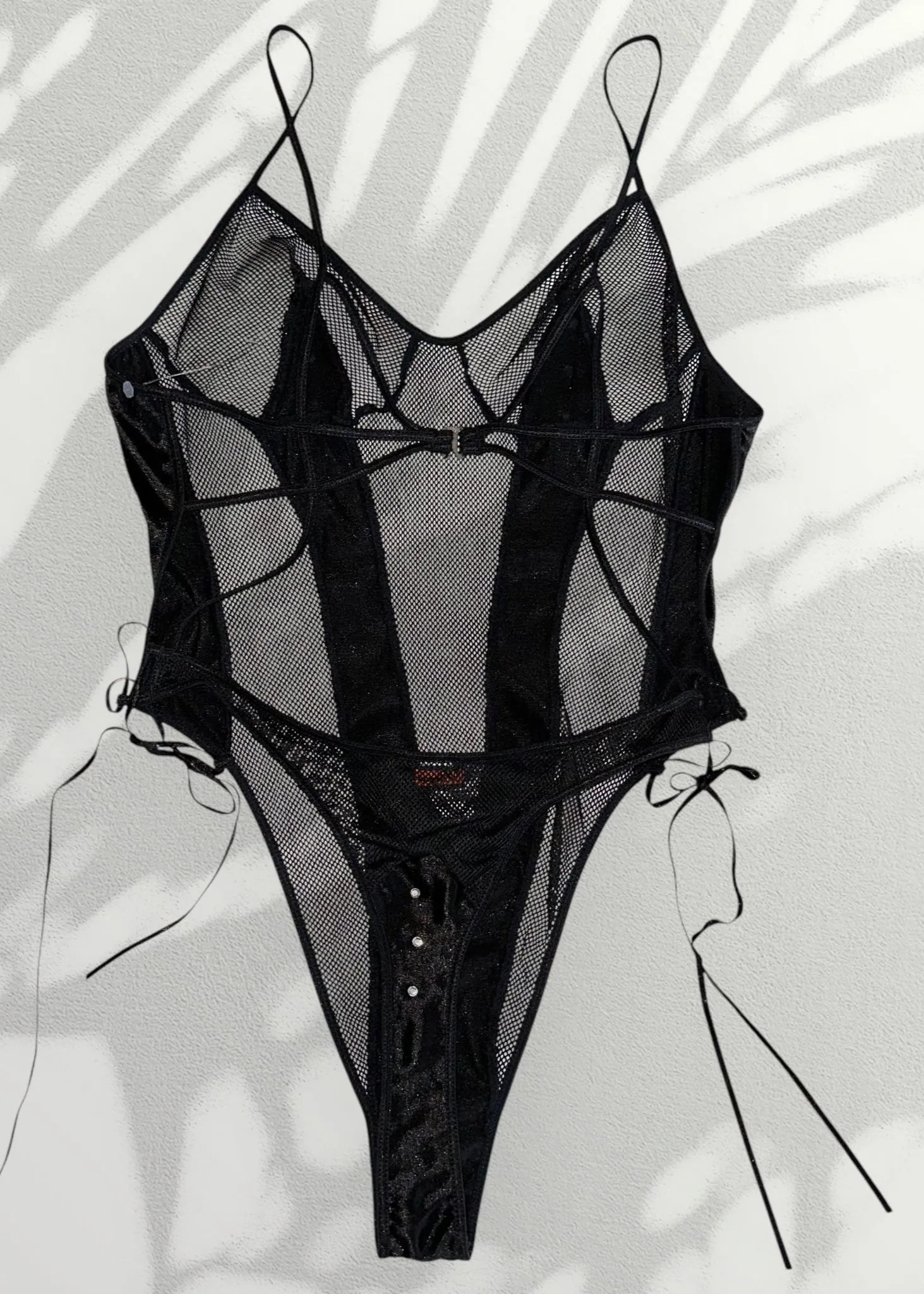 Ultra-Rare Y2K Jet Black Backless Bodysuit – Diamanté Strappy Details