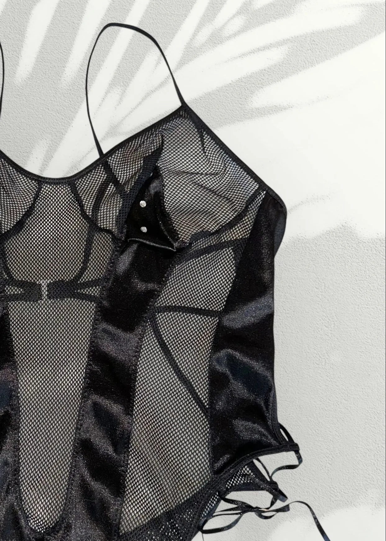 Ultra-Rare Y2K Jet Black Backless Bodysuit – Diamanté Strappy Details