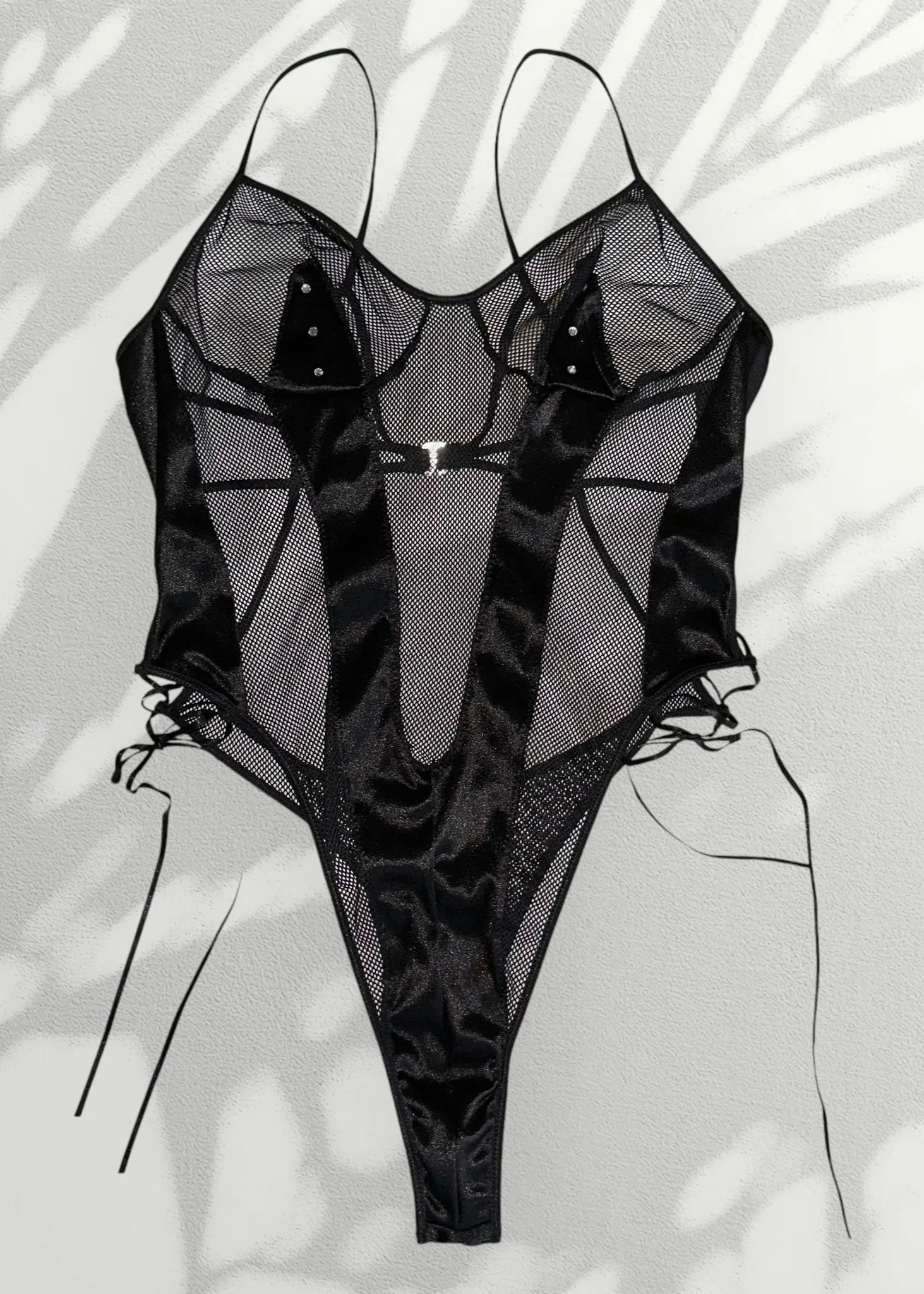 Ultra-Rare Y2K Jet Black Backless Bodysuit – Diamanté Strappy Details
