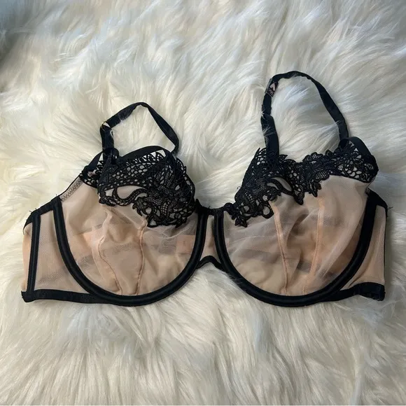 Victoria Secret Luxe Dragon Lace Bra Unlined Balconette Nude Lingerie 36C Nee