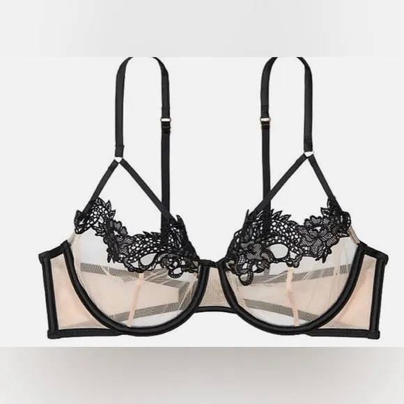 Victoria Secret Luxe Dragon Lace Bra Unlined Balconette Nude Lingerie 36C Nee