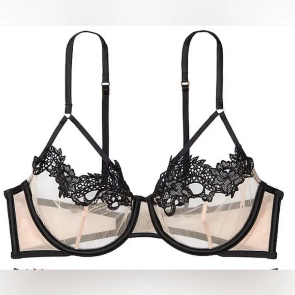 Victoria Secret Luxe Dragon Lace Bra Unlined Balconette Nude Lingerie 36C Nee