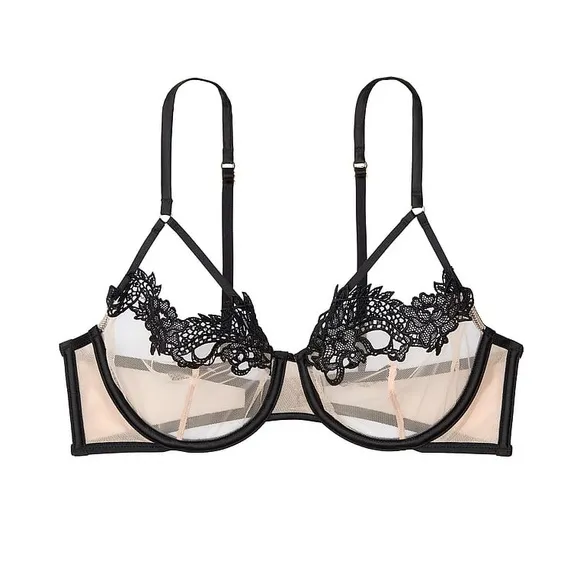 VICTORIA’S SECRET *NWT* Unlined Dragon Lace Balconette Bra - 32D - Nude/Black
