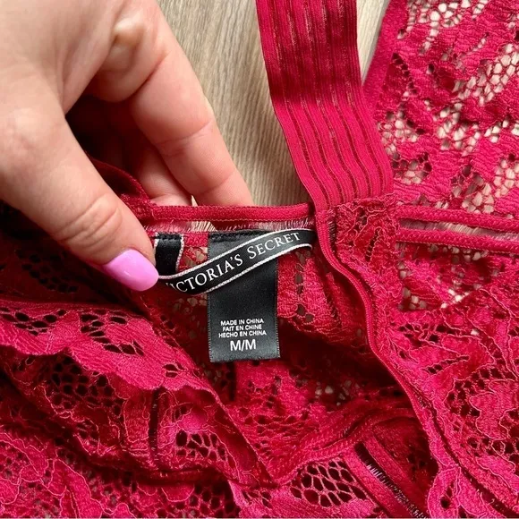 Victoria‘s Secret Red Lace Sheer Bodysuit V-Neck Lingerie