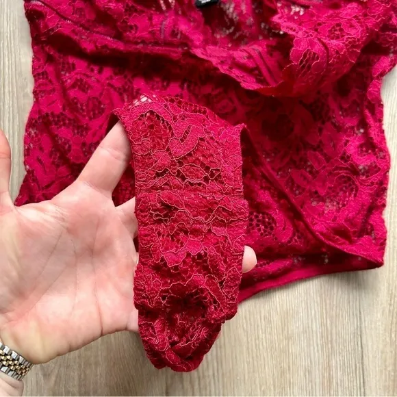 Victoria‘s Secret Red Lace Sheer Bodysuit V-Neck Lingerie