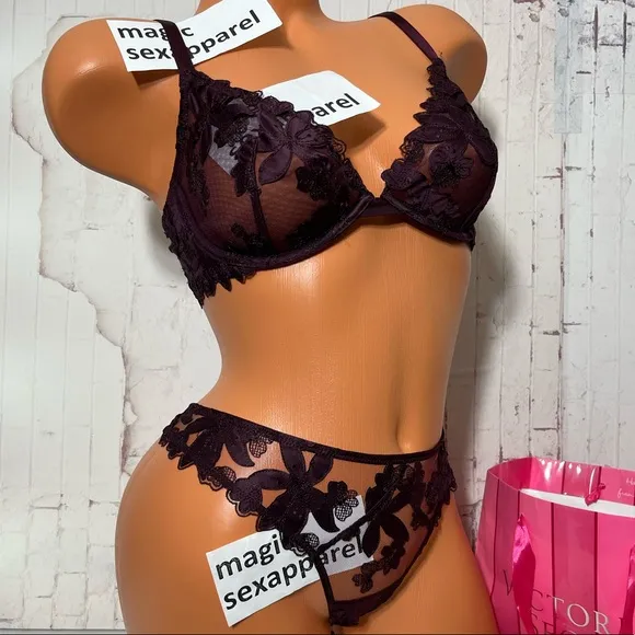 VS LUXE 34 36 BRA S M L PANTY SET APPLIQUÉ EMBROIDERY FLORAL MESH PLUNGE