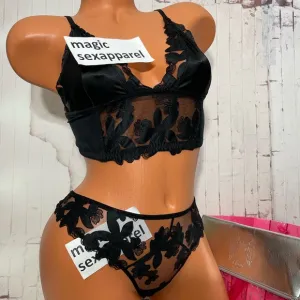 VS LUXE S L XL BRA PANTY SET APPLIQUÉ EMBROIDERY SATIN FLORAL MESH
