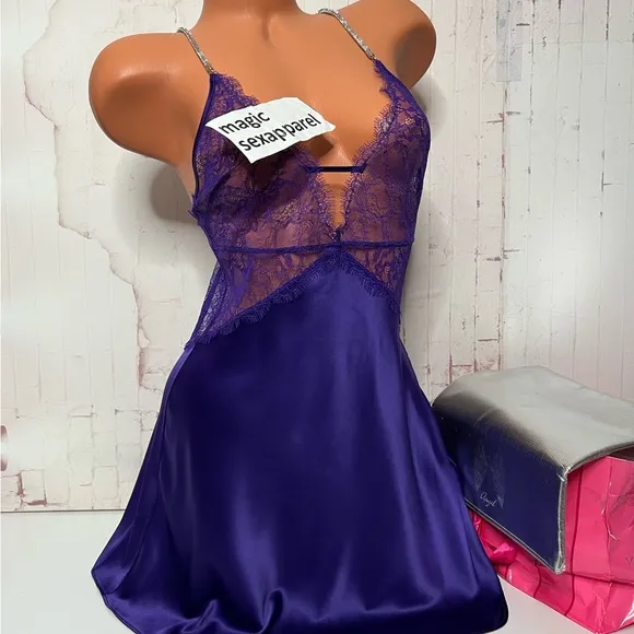 VS S CRYSTAL RHINESTONE STRAP LOGO LUXE SATIN SLIP DRESS LACE LINGERIE
