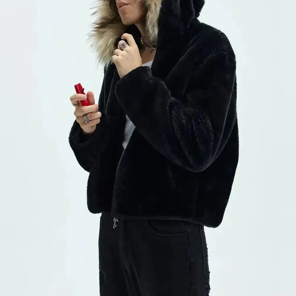 Washed Polar Hooded Fur Jacket
