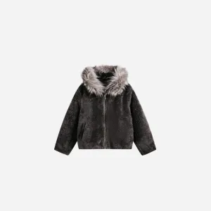 Washed Polar Hooded Fur Jacket
