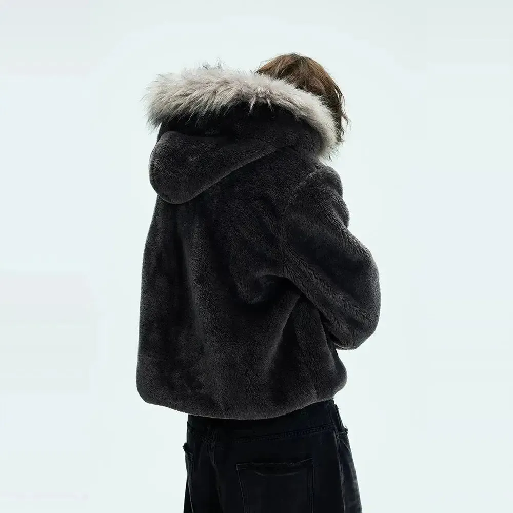 Washed Polar Hooded Fur Jacket