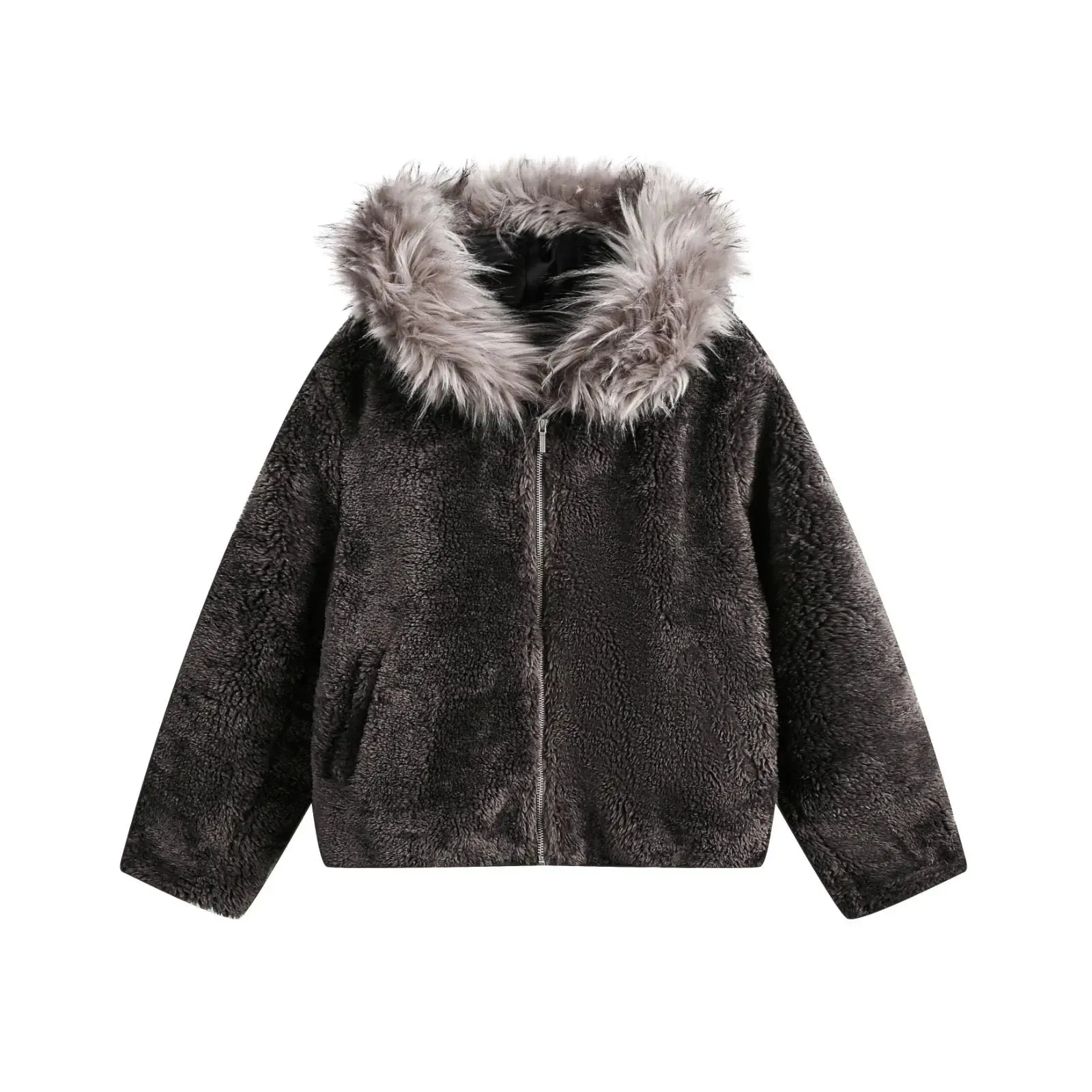 Washed Polar Hooded Fur Jacket