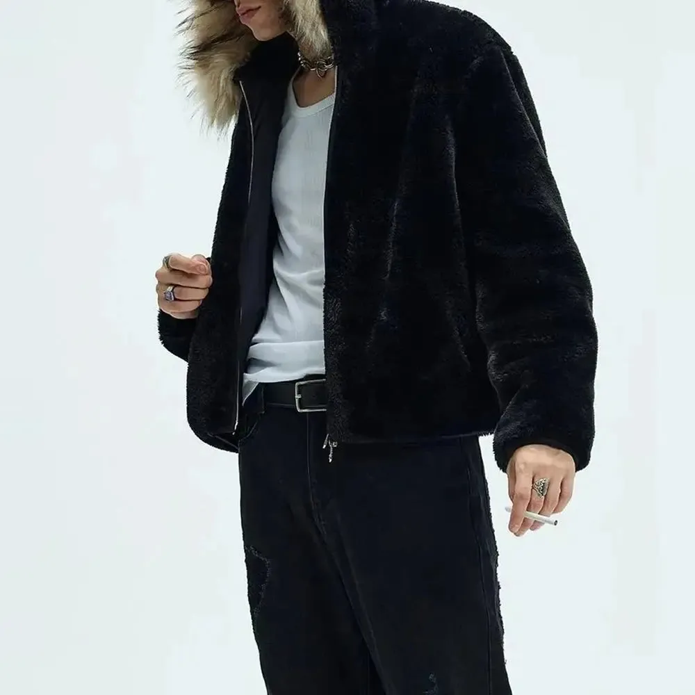 Washed Polar Hooded Fur Jacket