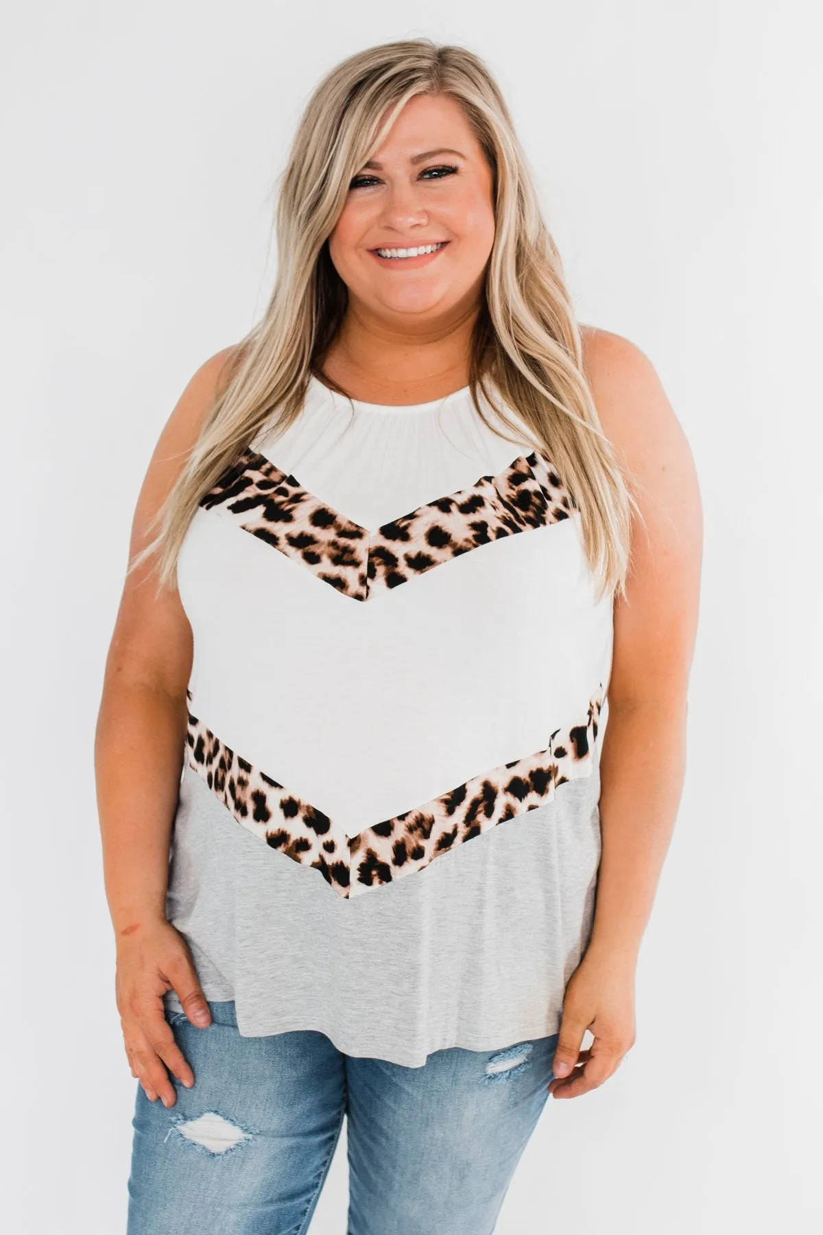 Whispers Of Love Chevron Color Block Top- Ivory & Leopard