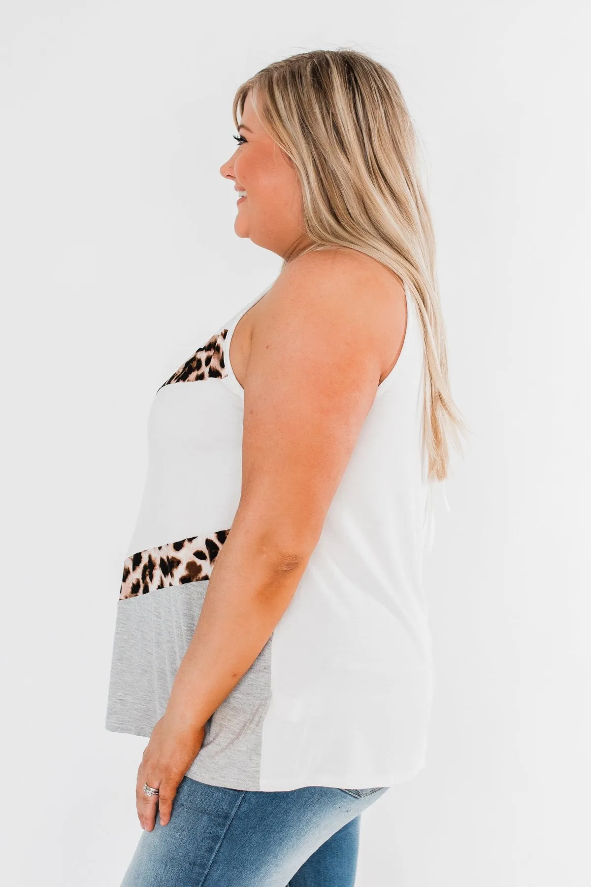 Whispers Of Love Chevron Color Block Top- Ivory & Leopard
