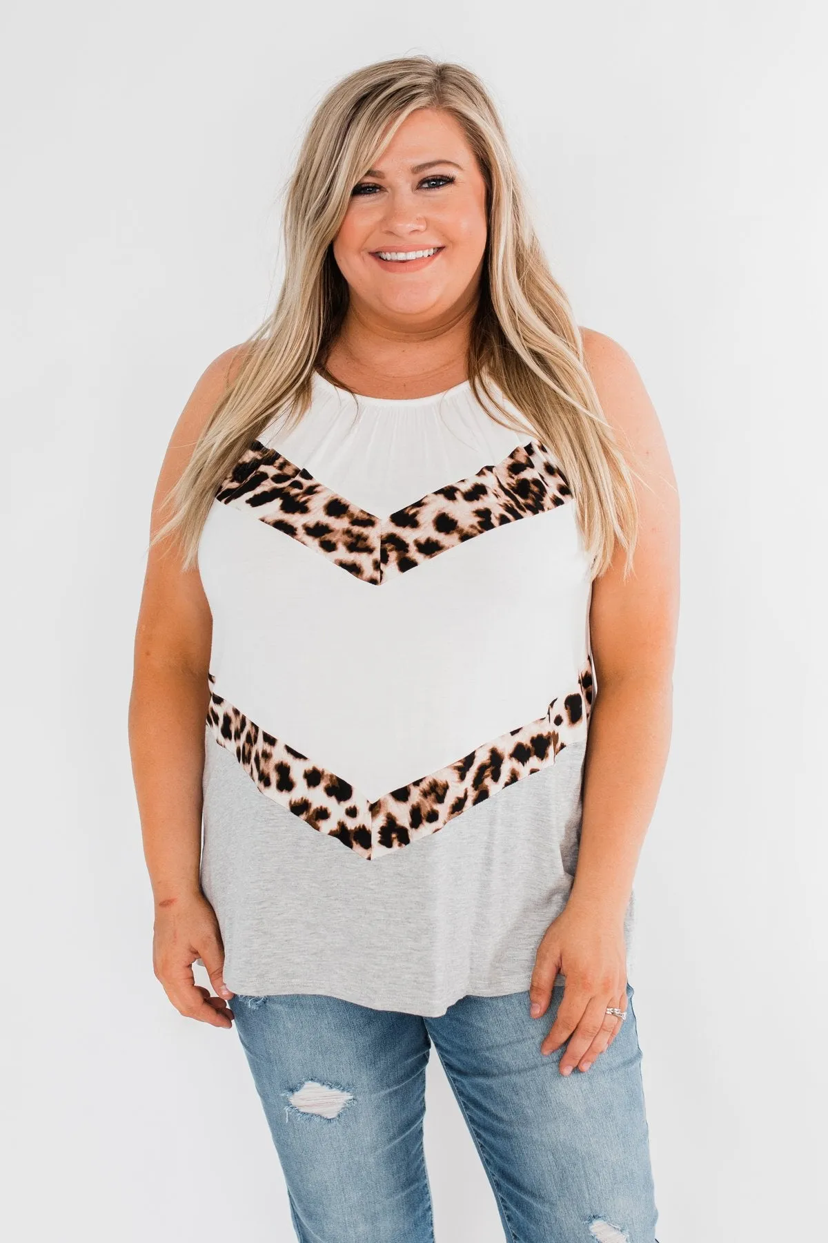 Whispers Of Love Chevron Color Block Top- Ivory & Leopard