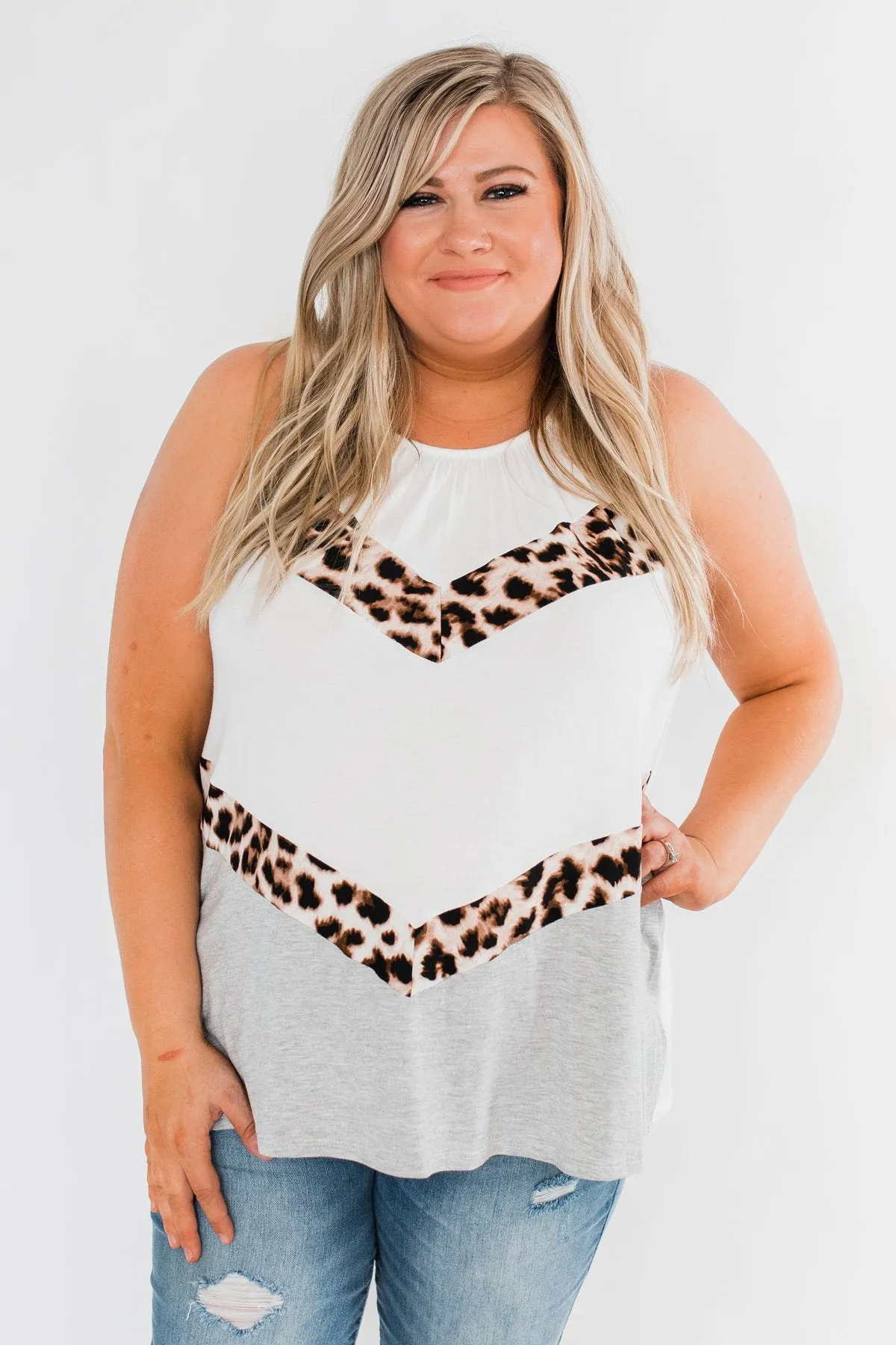 Whispers Of Love Chevron Color Block Top- Ivory & Leopard
