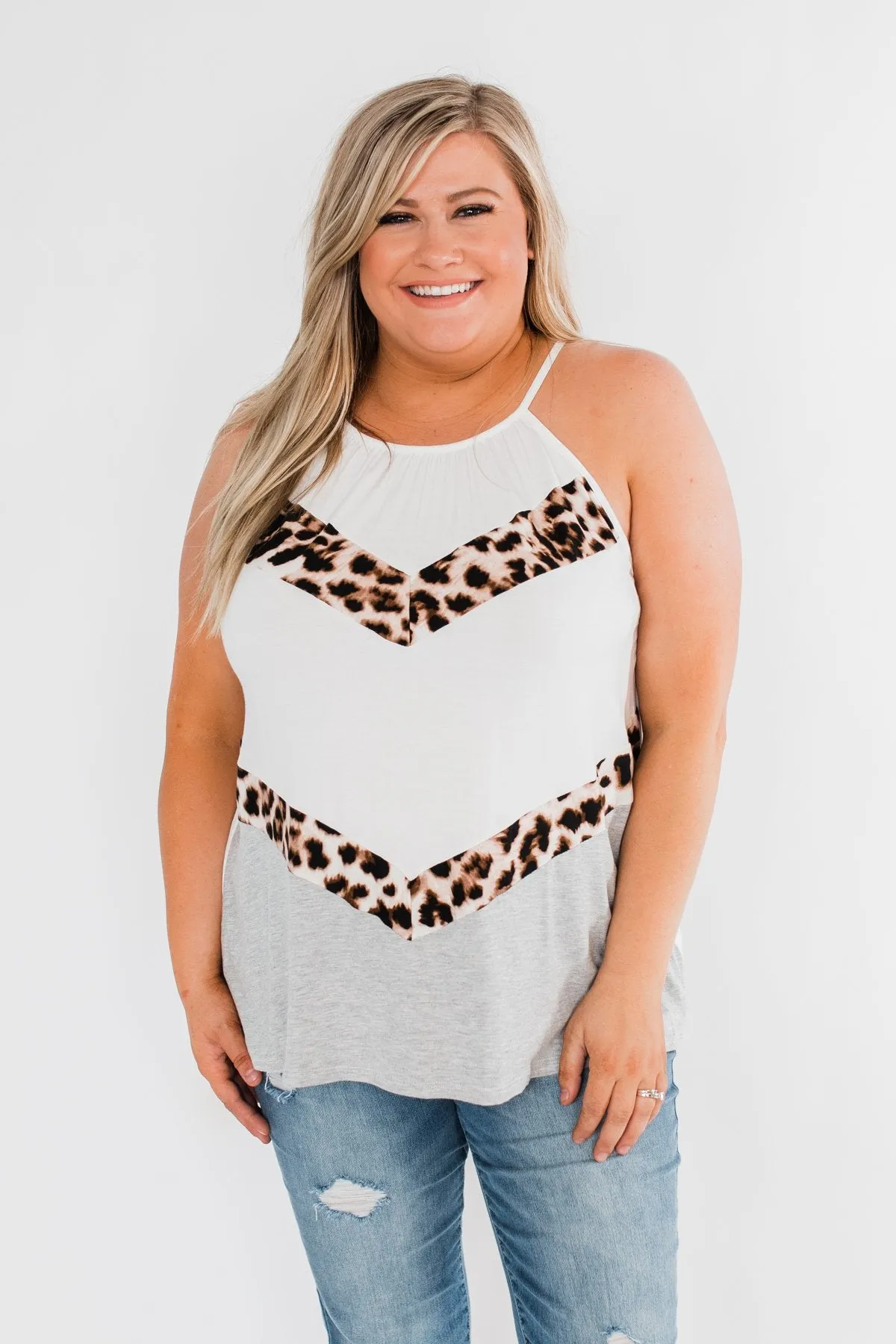 Whispers Of Love Chevron Color Block Top- Ivory & Leopard