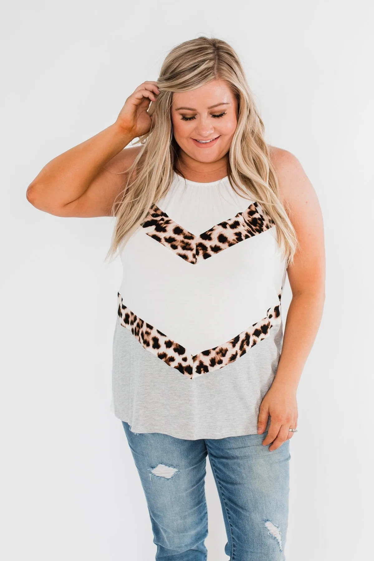 Whispers Of Love Chevron Color Block Top- Ivory & Leopard