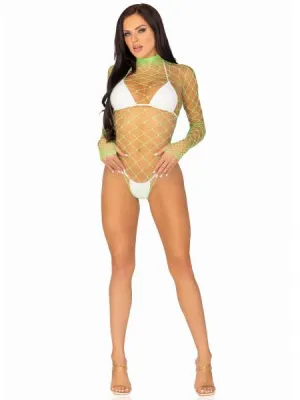 Wide Net High Neck Bodysuit - Neon Green - One Size
