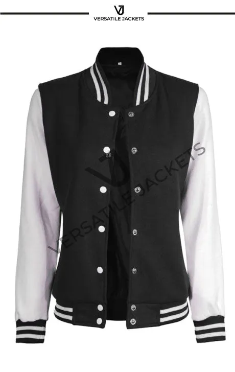 Women Black & White Varsity Jacket | Baseball Style Outerwear