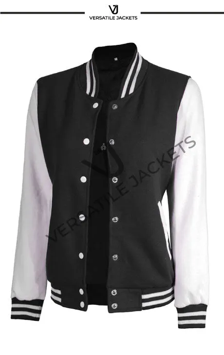 Women Black & White Varsity Jacket | Baseball Style Outerwear