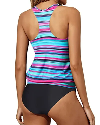 Women Two Piece Swimsuit Tummy Control Tankini Racerback Blouson Swimwear