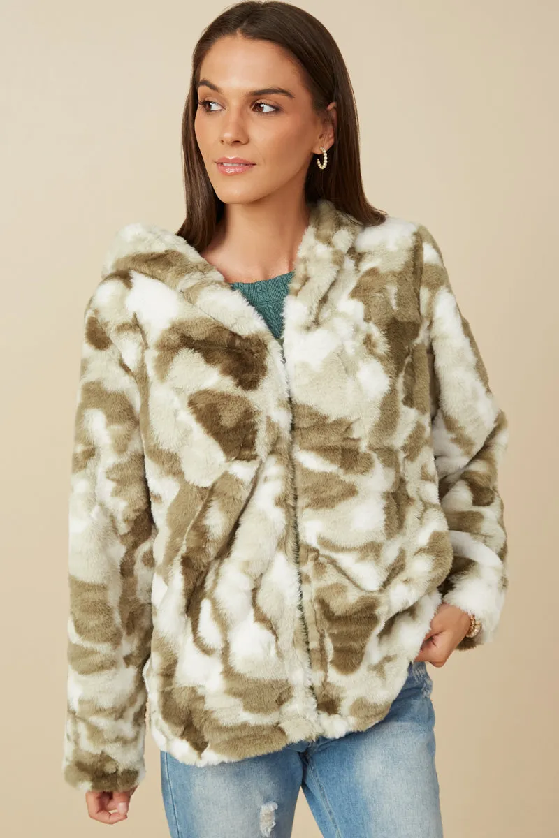 Womens Camo Print Plush Hooded Jacket