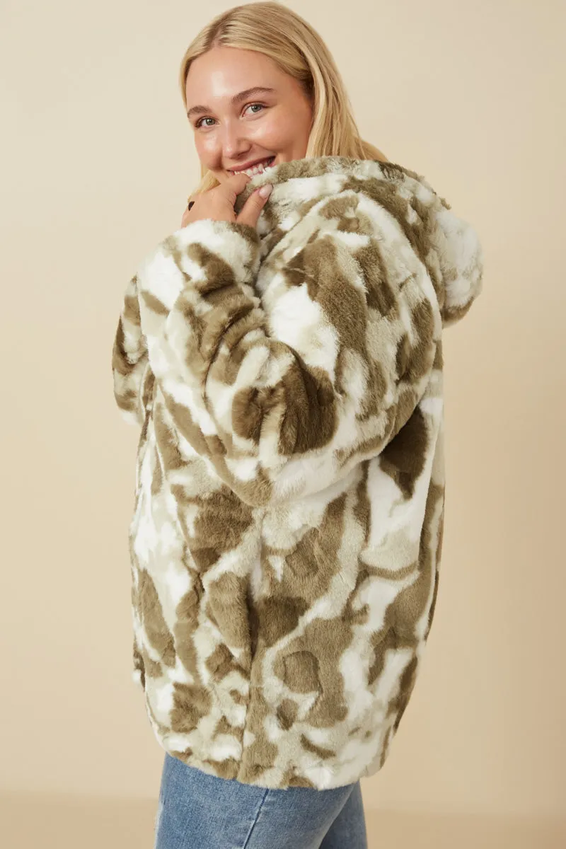 Womens Camo Print Plush Hooded Jacket