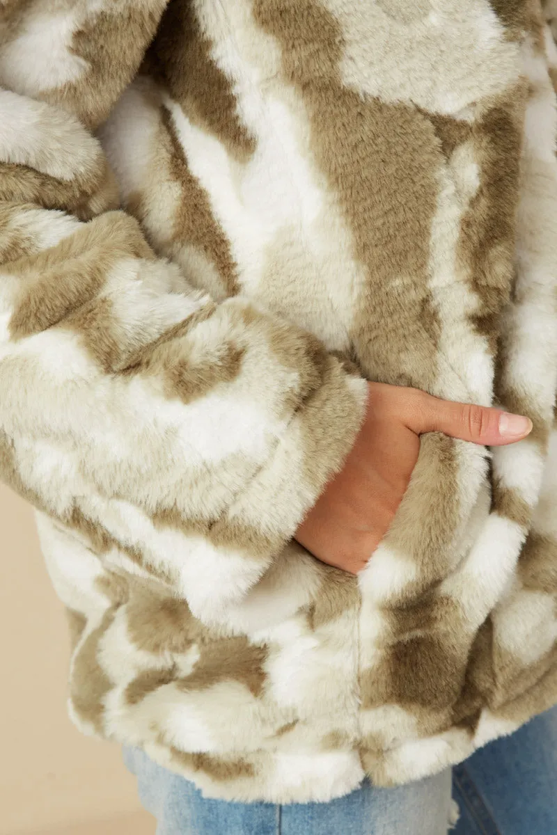 Womens Camo Print Plush Hooded Jacket