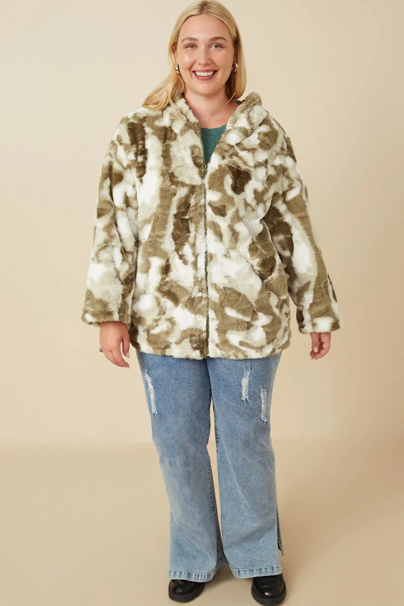 Womens Camo Print Plush Hooded Jacket