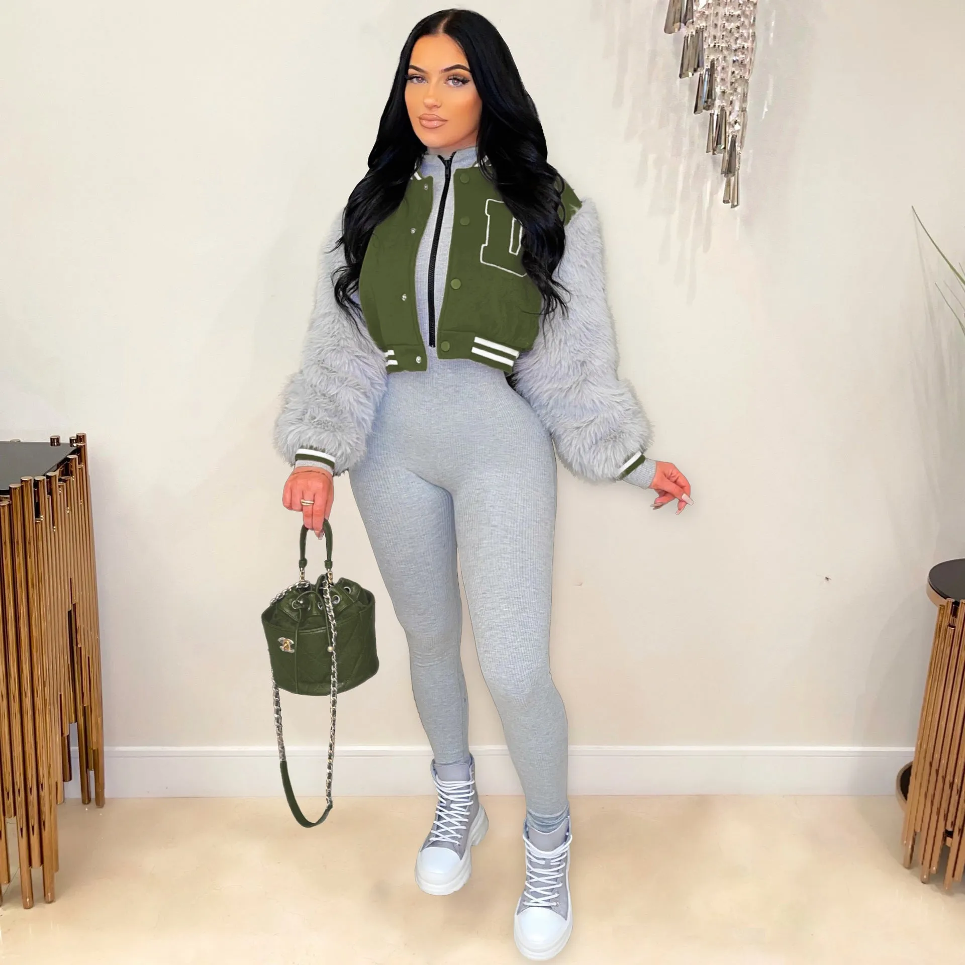 Women's Fashionable Varsity Jacket With Fur Sleeves. (Note: Check Size Availability)