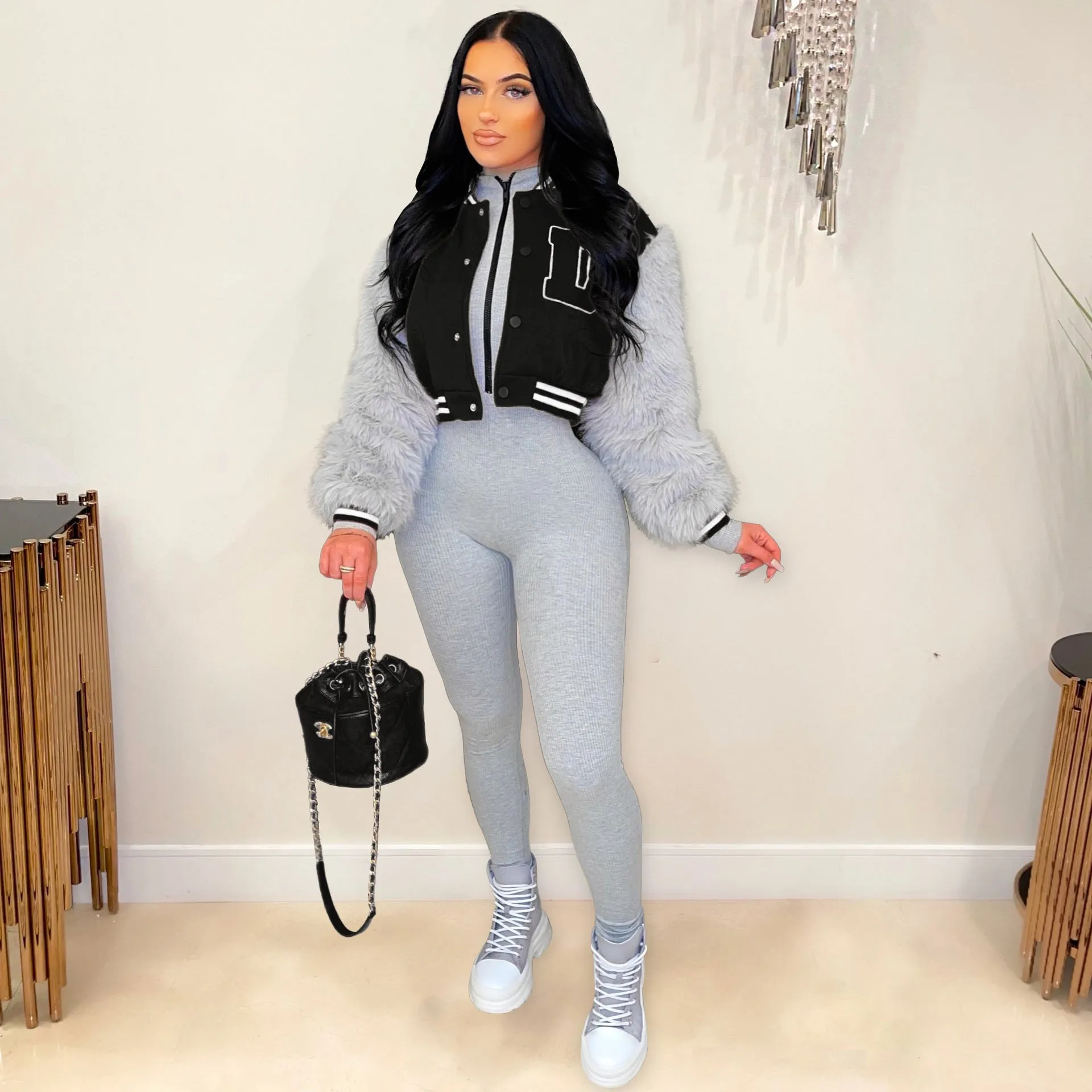 Women's Fashionable Varsity Jacket With Fur Sleeves. (Note: Check Size Availability)