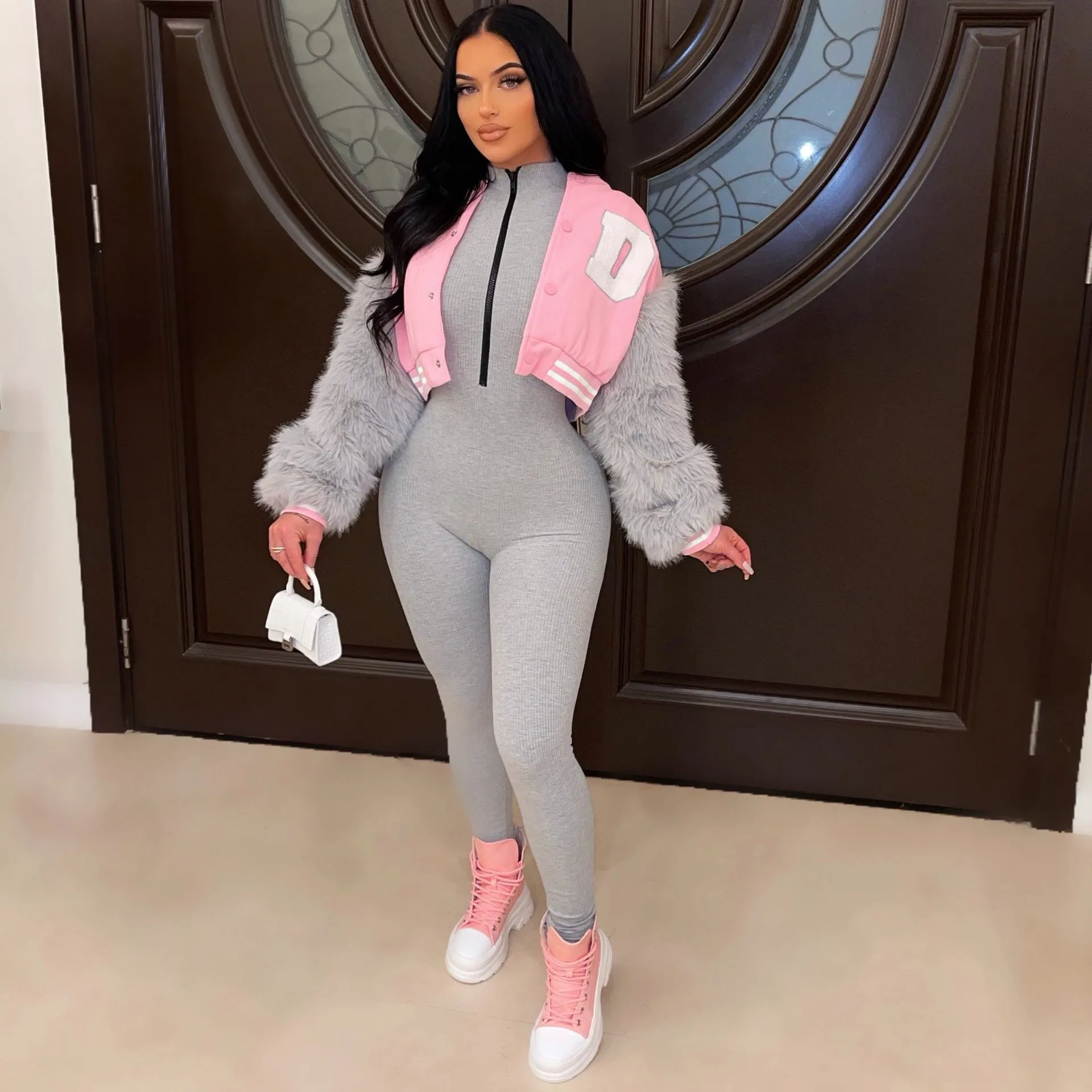 Women's Fashionable Varsity Jacket With Fur Sleeves. (Note: Check Size Availability)