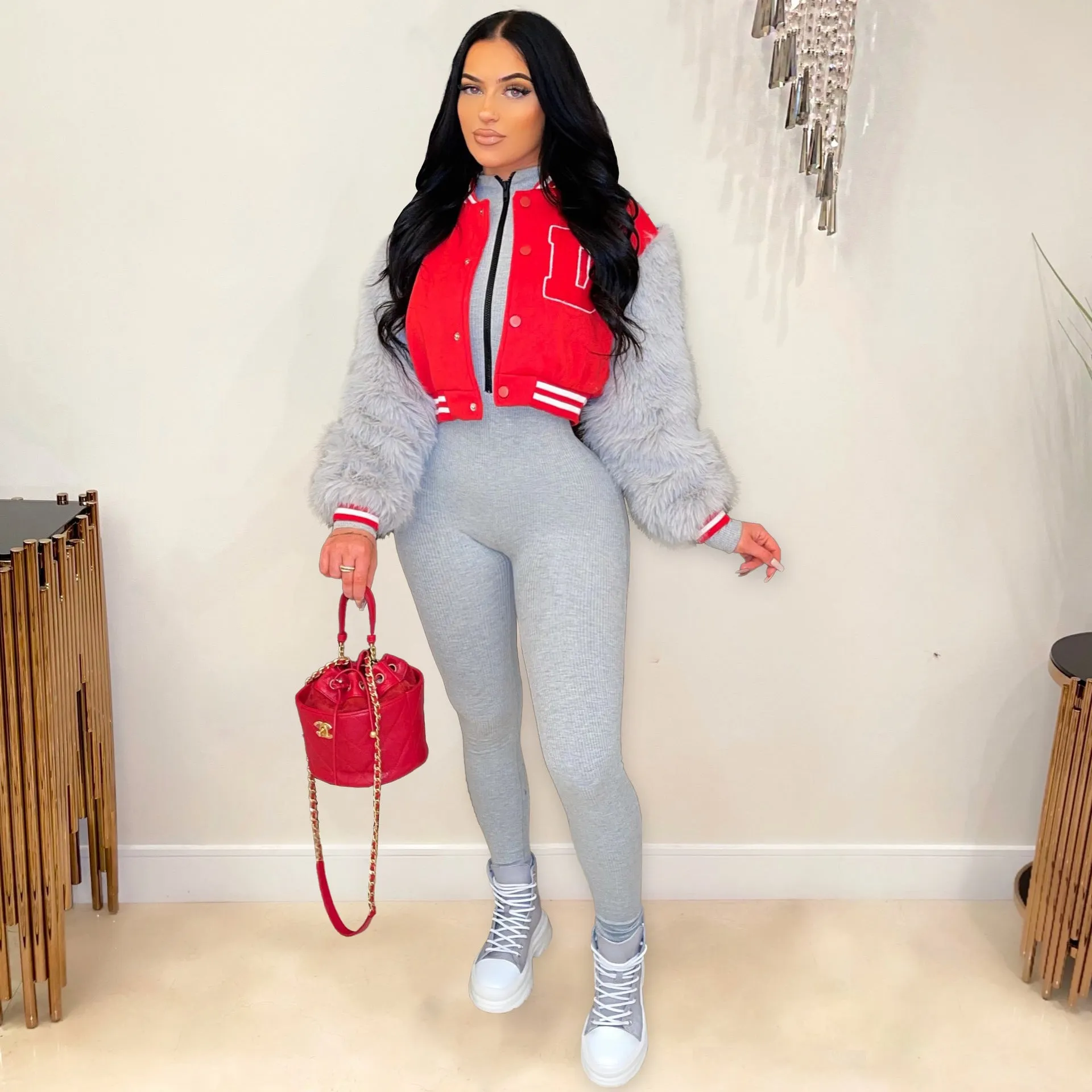Women's Fashionable Varsity Jacket With Fur Sleeves. (Note: Check Size Availability)