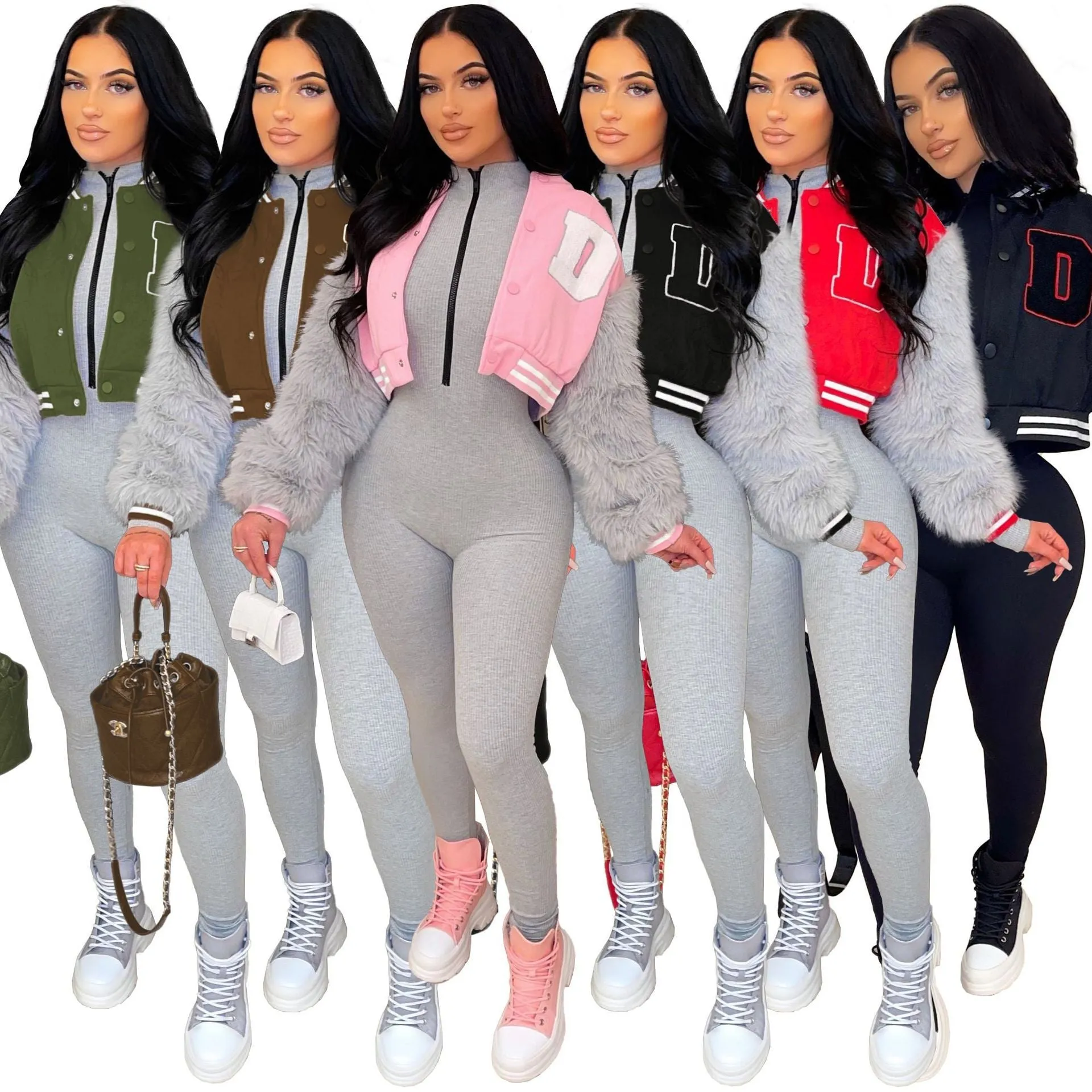 Women's Fashionable Varsity Jacket With Fur Sleeves. (Note: Check Size Availability)