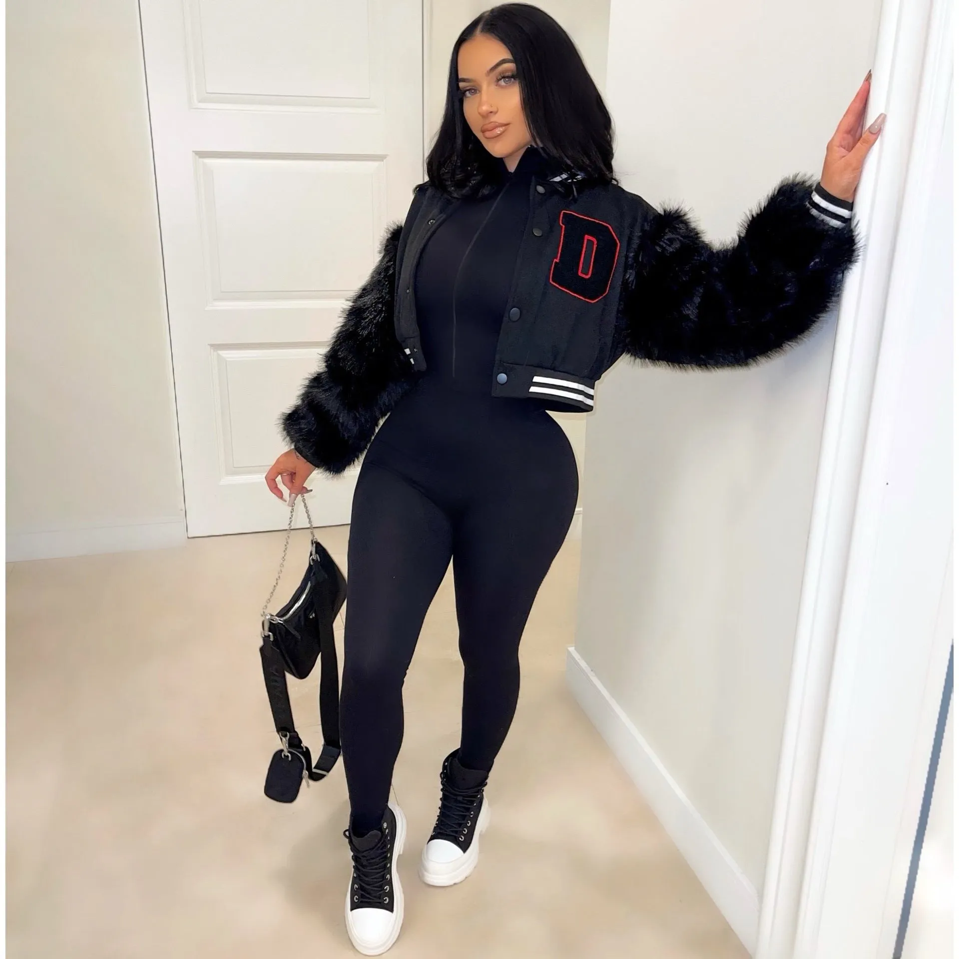 Women's Fashionable Varsity Jacket With Fur Sleeves. (Note: Check Size Availability)