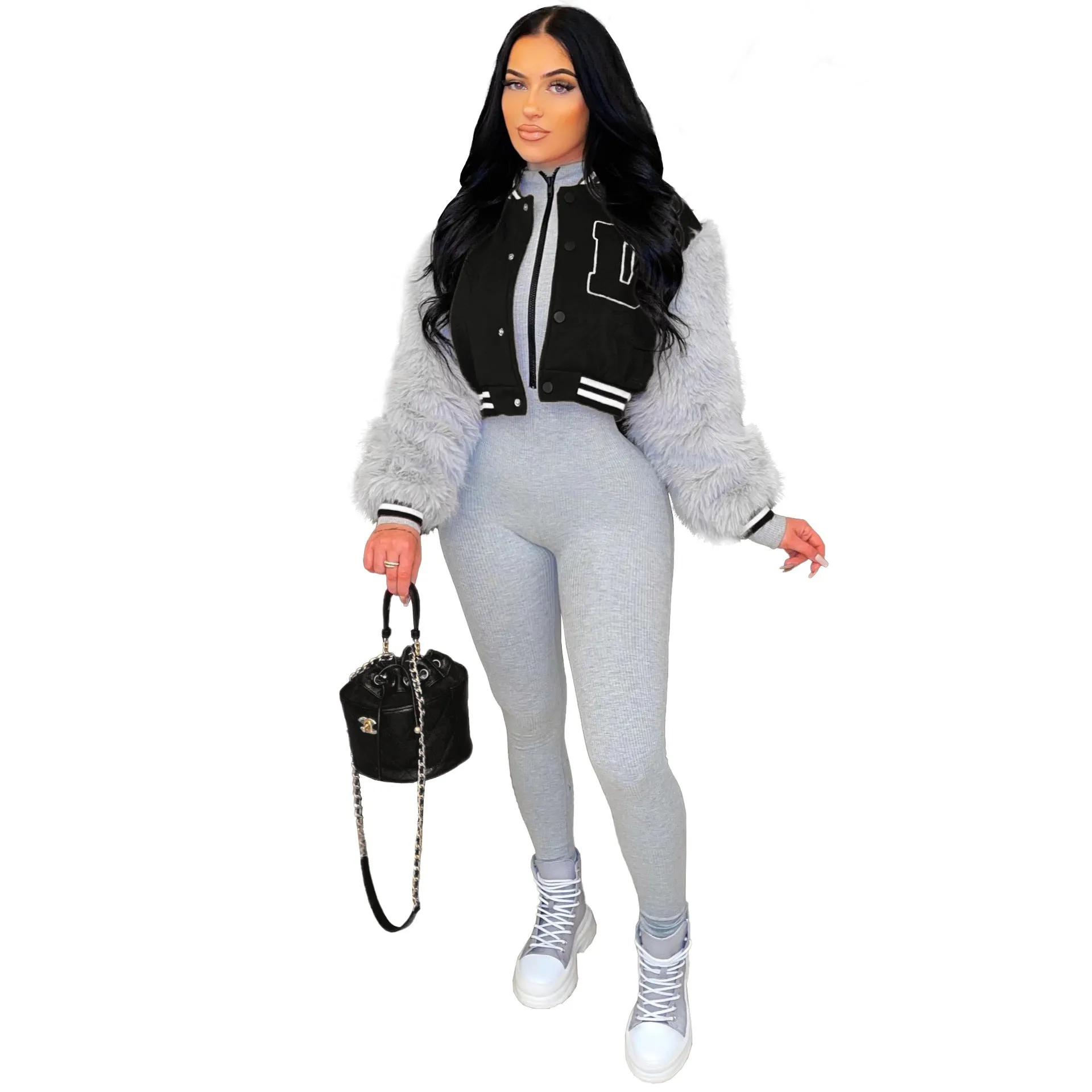Women's Fashionable Varsity Jacket With Fur Sleeves. (Note: Check Size Availability)