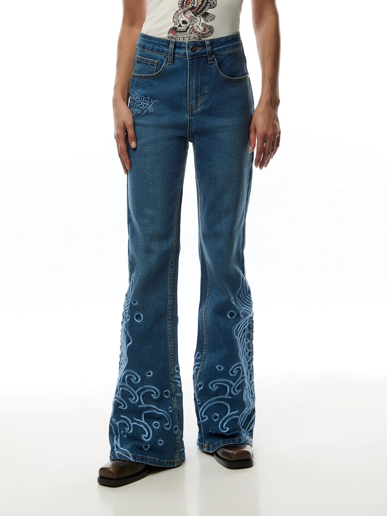 Womens Jumping Koi Denim Flared Jeans