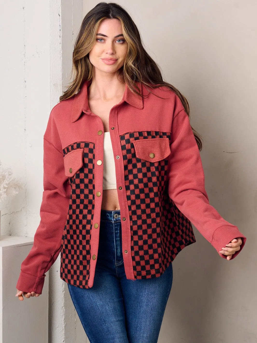 WOMEN'S LONG SLEEVE BUTTON UP CHECKERS JACKET