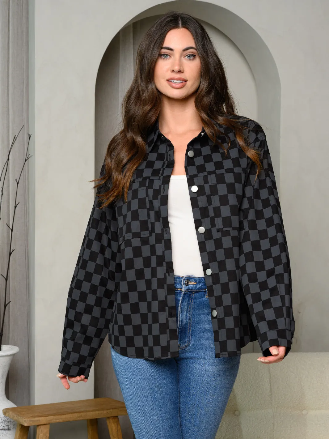 WOMEN'S LONG SLEEVE BUTTON UP CHECKERS PRINT JACKET