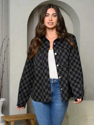 WOMEN'S LONG SLEEVE BUTTON UP CHECKERS PRINT JACKET