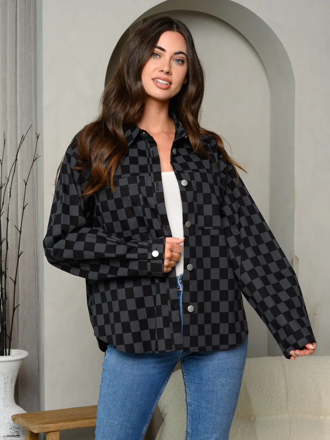 WOMEN'S LONG SLEEVE BUTTON UP CHECKERS PRINT JACKET