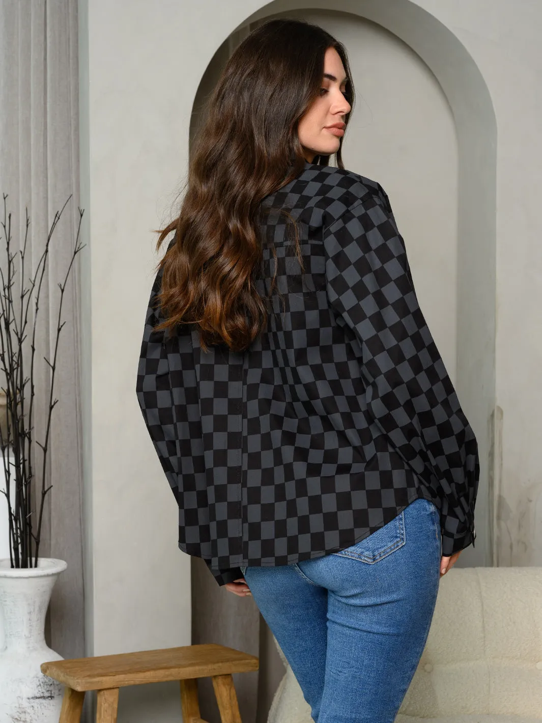 WOMEN'S LONG SLEEVE BUTTON UP CHECKERS PRINT JACKET